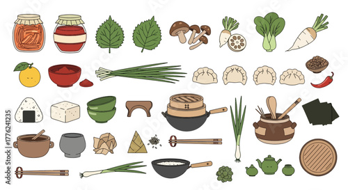 Asian Cuisine Ingredients Vector Set – Traditional Food Elements, Kitchen Utensils, and Cooking Illustration Collection