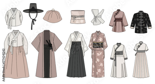 Traditional Asian Clothing Vector Set – Cultural Robes, Hanbok, Hanfu, and Kimono Illustration Collection