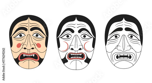 Traditional Asian Mask Vector Set – Cultural Theatre Face Art Collection with Expression Design Elements