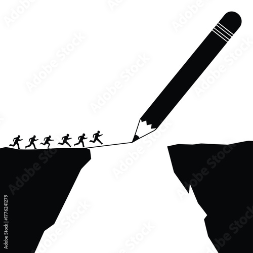 Pencil draws a bridge for tiny people to cross a gap