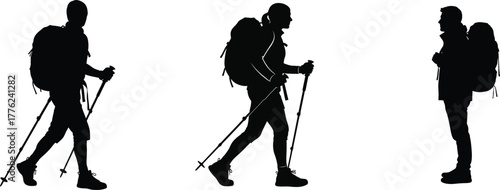 Hikers Trekking with Poles Silhouette Vector Set - Backpacking and Adventure Icons