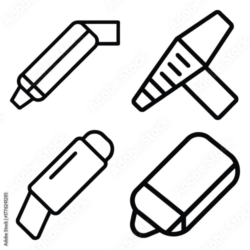eraser outline simple icon set, black color and white background