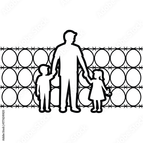 Family silhouette behind barbed wire fence symbolizing protection or confinement