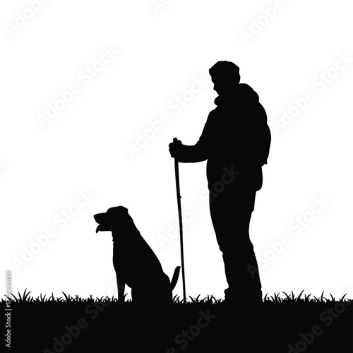 Silhouette of a person and dog on a grassy hill with a walking stick