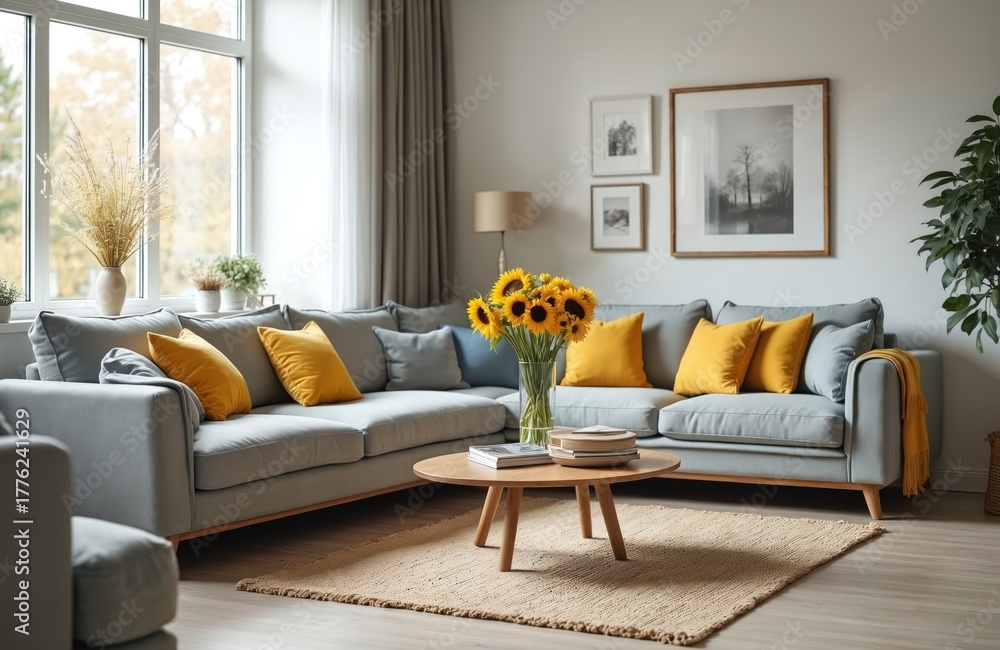 Fototapeta premium Light living room interior with grey sofa and yellow pillows. Sunflowers in vase on coffee table. Modern decor and plants in background. Comfortable furniture and natural light.