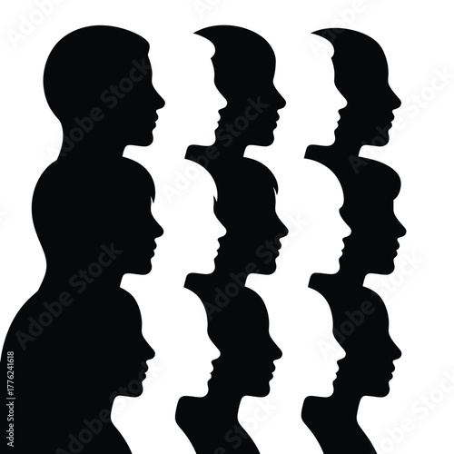 Silhouettes of human heads in profile facing right