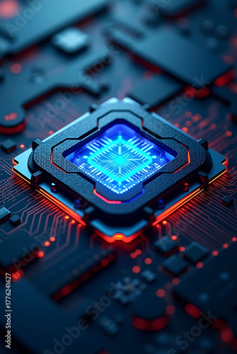 Close-up of a central processing unit with glowing blue light, surrounded by intricate circuit board patterns and red accents.