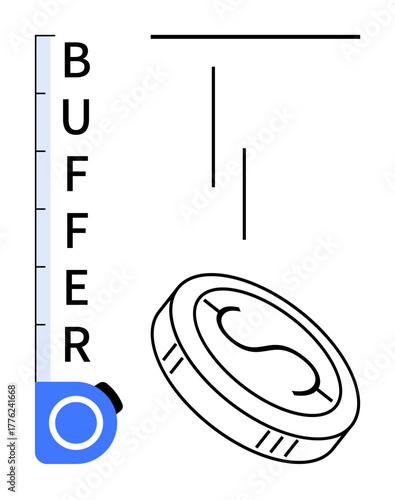 Vertical buffer bar with blue loading level and coin icon indicating progress. Ideal for technology, finance, digital strategy, productivity, resource optimization, goal setting, simple flat metaphor