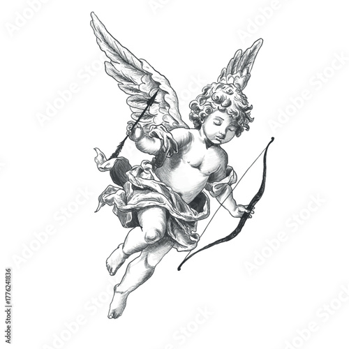 Vector Freehand Cupid scribble isolated on white background. Texture of writing materials. Handwritten valentines doodles, pencil strokes. Hand drawn cupidinous. Line art, sketch Baroque 