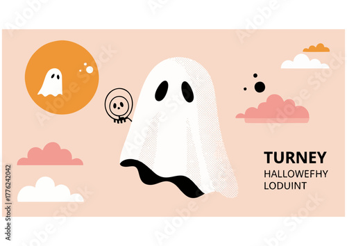 Playful ghost illustration with vibrant colors and abstract elements on a black background