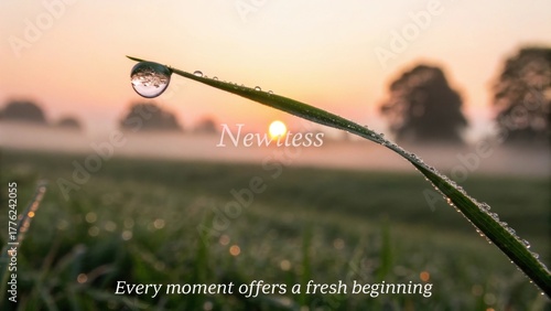 Dewdrop reflecting sunrise on a blade of grass at dawn