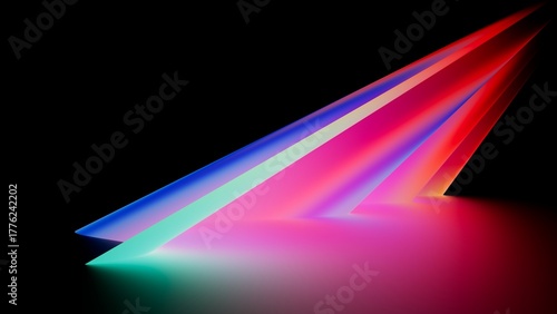 Futuristic color laser arrow shoots a gradient beam in pink, magenta, and teal, glowing with kinetic energy. 3D render illustration.