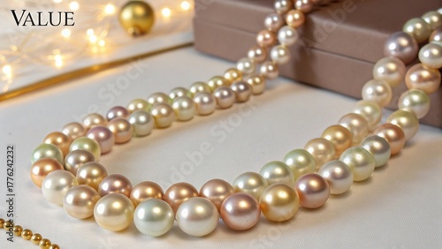 Elegant pearl necklaces showcased with golden illumination