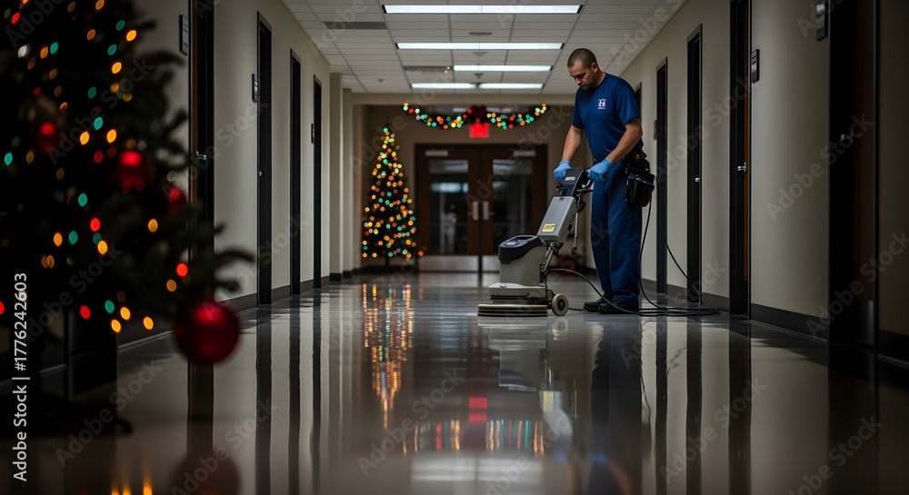 © Wool World - Dedicated cleaner polishes reflective hallway floor amidst glowing Christmas decorations, ensuring a sparkling and festive environment this holiday season © Wool World - Dedicated cleaner polishes reflective hallway floor amidst glowing Christmas decorations, ensuring a sparkling and festive environment this holiday season