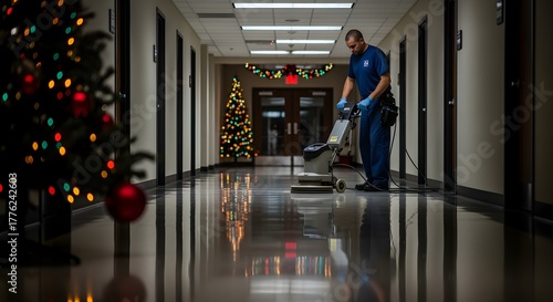 Dedicated cleaner polishes reflective hallway floor amidst glowing Christmas decorations, ensuring a sparkling and festive environment this holiday season