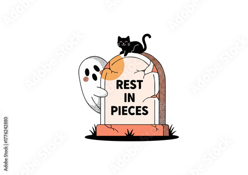 Tom Stone treats illustration of a cute character with ghost and moon in pastel colors for Halloween