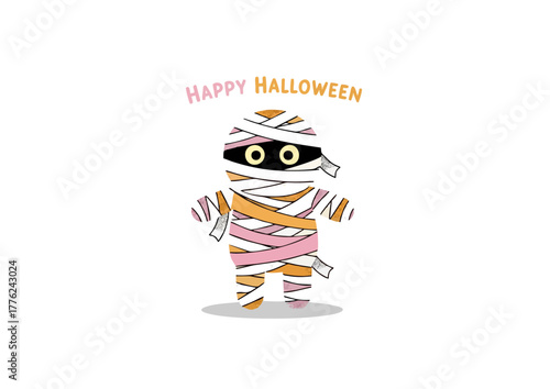 Happy Halloween illustration of a cute mummy character wrapped in colorful bandages