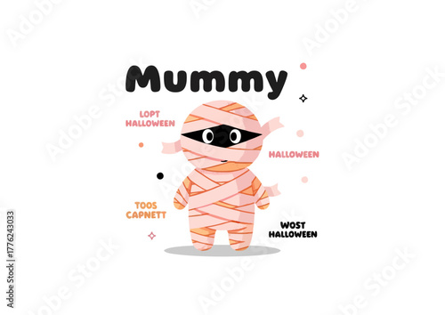 Happy Halloween illustration of a cute mummy character wrapped in colorful bandages