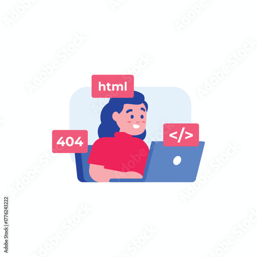 Flat vector illustration of a female programmer or web developer working on a laptop. Concept of coding, application development, HTML, 404 error, software engineering, and technical support