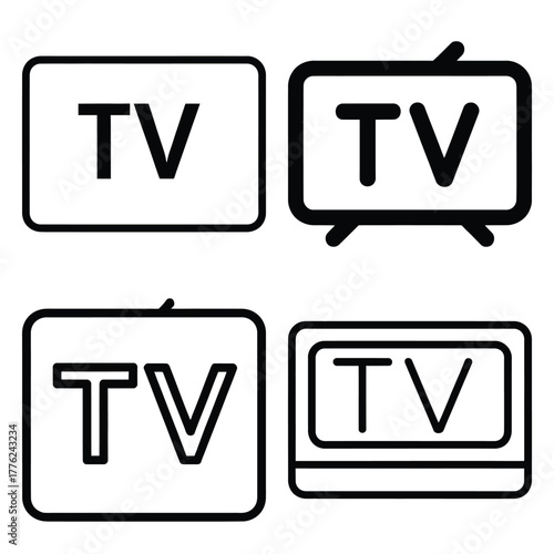 tv outline simple icon set, black color and white background