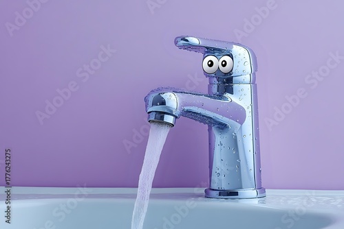Chrome bathroom faucet with cartoon eyes and running water against purple background, creating playful personification for plumbing or water conservation concepts.