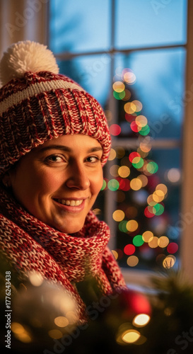 Smiling woman wearing festive red and white hat gazing through winter landscape