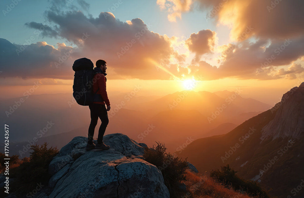 Fototapeta premium Man stands on rocky mountain peak with large backpack, gazing at sunrise over mountains. Hiker enjoys scenic view, feeling sense of adventure and freedom in beautiful mountain landscape.