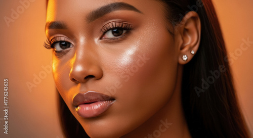 Radiant African woman portrait, illuminated with golden studio lighting