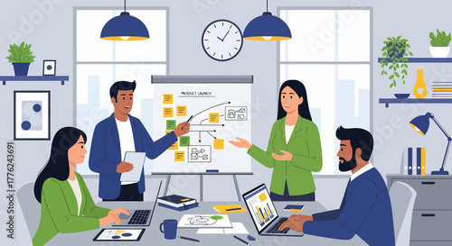 Diverse Team Collaborating On Product Launch Strategy In Modern Office