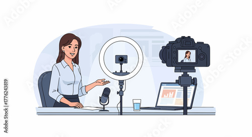 Female Vlogger Creating Content Using Professional Equipment At Her Studio