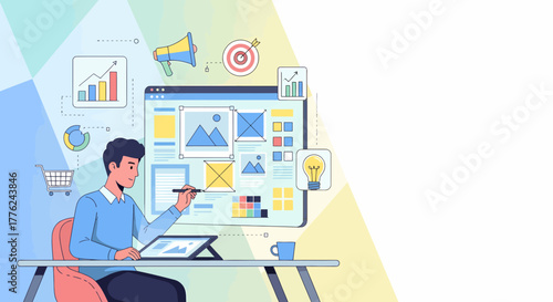 Graphic Designer Creates Online Content On Digital Tablet And Computer