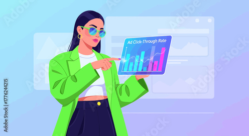 Stylish Entrepreneur Analyzes Ad Performance Metrics On Digital Display