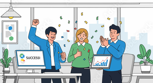 Team Celebrating Business Success In Office With Confetti Falling