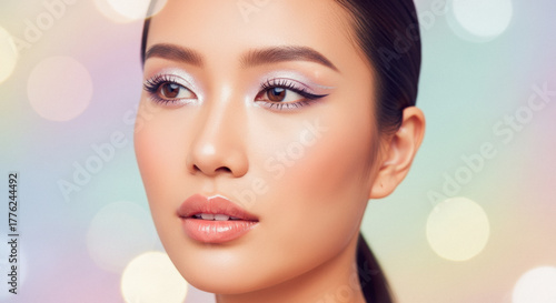 Radiant Asian woman showcasing stunning iridescent eye makeup artistry