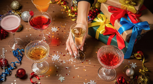 Festive Cocktail Celebration: Hand Raising Champagne Glass Amidst Holiday Drinks and Presents