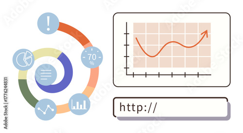 Circular infographic with icons, line graph showing upward trend, and web address bar. Ideal for business strategy, analytics, SEO, marketing, growth, web design simple flat metaphor