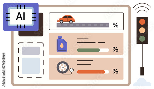 Digital dashboard with AI chip, car on road, fluid and tire icons, plus traffic light. Ideal for technology, automation, analytics, transportation, innovation data simple flat metaphor