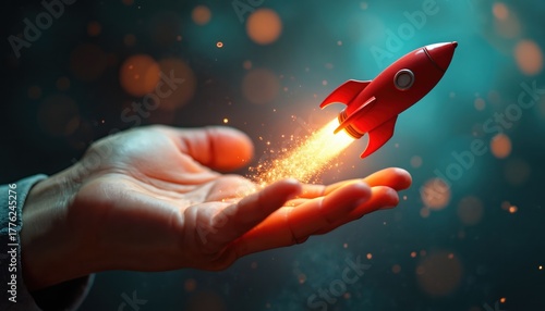 Fototapeta Naklejka Na Ścianę i Meble -  Red rocket ship lifts off from open hand. Sparks and flames stream upward, signifying a new business venture or innovative idea taking flight. Symbolizes startup growth and future success.
