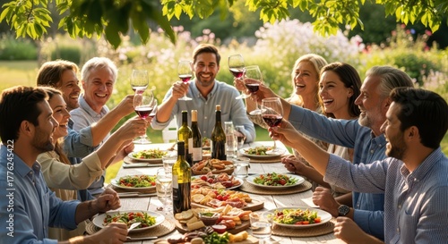 Joyful family and friends gather for a festive outdoor feast and wine toast