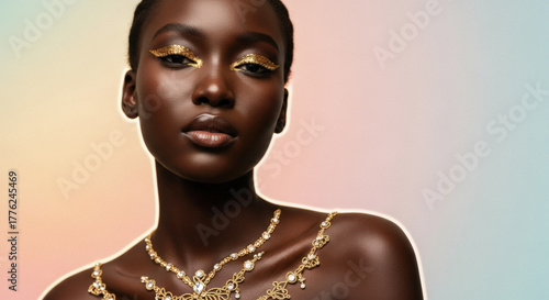 Beautiful African woman adorned with glittering gold makeup and elaborate jewelry, radiating confidence and glamour.
