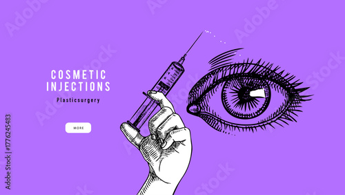 Collage of sketch hand with syringe and eye. Lip filler procedure. Medical aesthetic, dermatology, plastic surgery, beauty salon, cosmetics, skincare  concept. Hand drawn vector illustration.