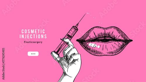 Collage of sketch hand with syringe and lips. Lip filler procedure. Medical aesthetic, dermatology, plastic surgery, beauty salon, cosmetics, skincare  concept. Hand drawn vector illustration.