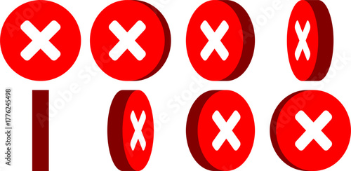 3D Style 8 Frame Sprite Sheet Set of Rotating Round No or Wrong or Declined Rejected Icon Sign with X Cross in Red Circle for 2D Game or App Animation. Vector Image.