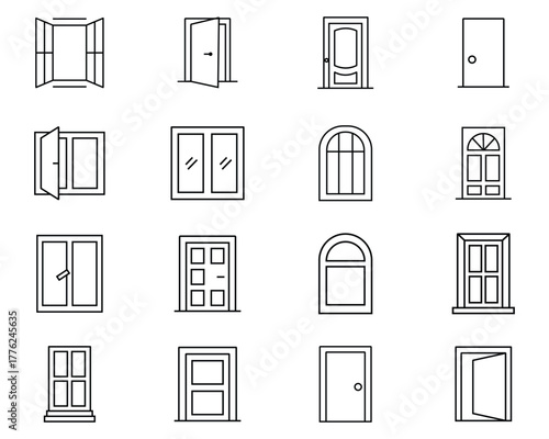 Door icon set. Open door, Building entry, Emergency exit. Entrance line icons. House entrance outline icons. Door knob, home entry, building access. Vector illustration. 