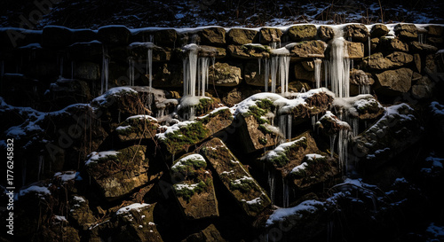A dark, stone retaining wall or cliff face with patches of frozen moss and long, slender icicles hanging from the top. The scene is shadowy and rugged, emphasizing the cold and hardiness of the enviro