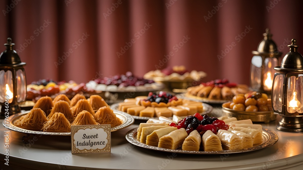 Naklejka premium Ramadan Sweets Display, Elegant Dessert Table with Middle Eastern Sweets and Lanterns, S