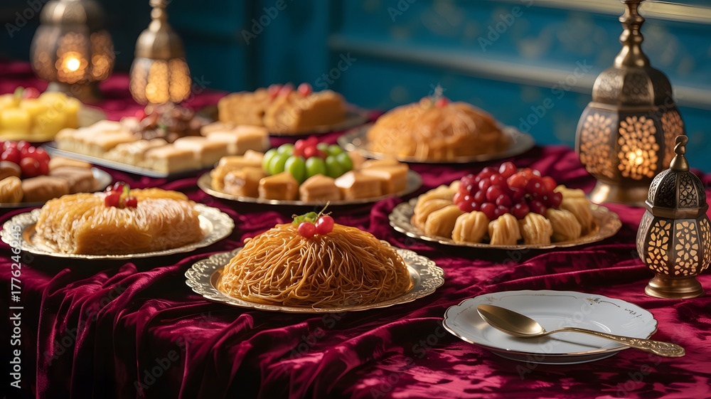 Naklejka premium Ramadan Sweets Display, Festive Arabic sweets, lanterns, and rich fabrics for Eid celebr