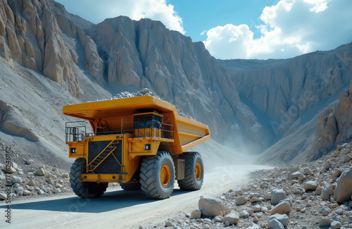 Giant yellow mining truck drives on dirt road in quarry. Heavy machinery transports rocks and minerals in open pit mine. Large vehicle creates dust clouds in arid landscape.