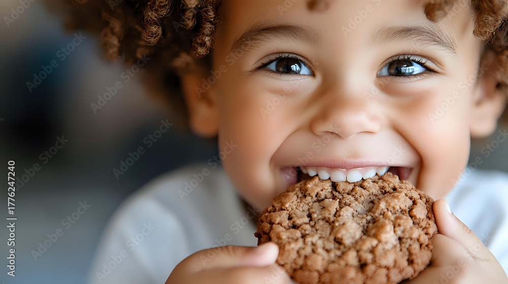 Naklejka premium Joyful mixed-race child with curly hair enjoying a homemade oatmeal cookie, showing pure happiness with bright smile and blue eyes.