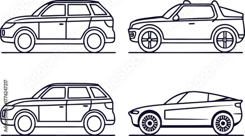 Car Outline Illustration Set. Modern Car Line Art Collection. Vehicle Outline Design Bundle. Automobile Line Drawing Set. Minimal Car Outline Icons. Car Contour Illustration Pack. Transportation